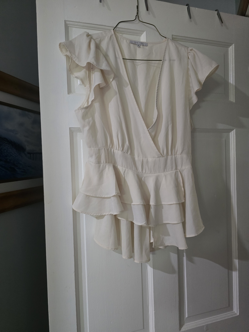 Love Tree Cream Ruffled V-Neck Peplum Blouse